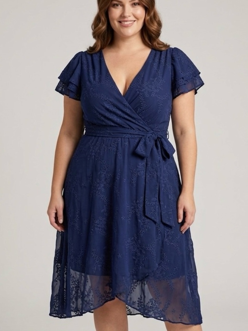 DKNY Navy Blue Eyelet Embroidered Wrap Dress Sz 14 Cottagecore Coquette Wedding